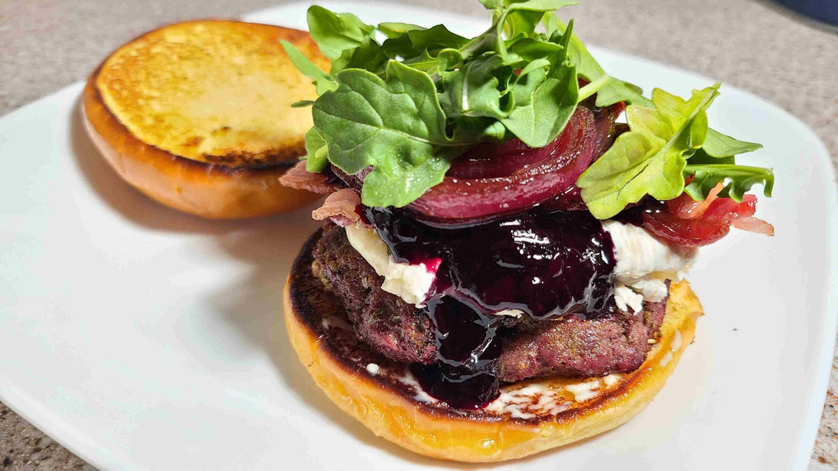 Blueberry Compote Wagyu Burger with Honey Bourbon Balsamic Onions