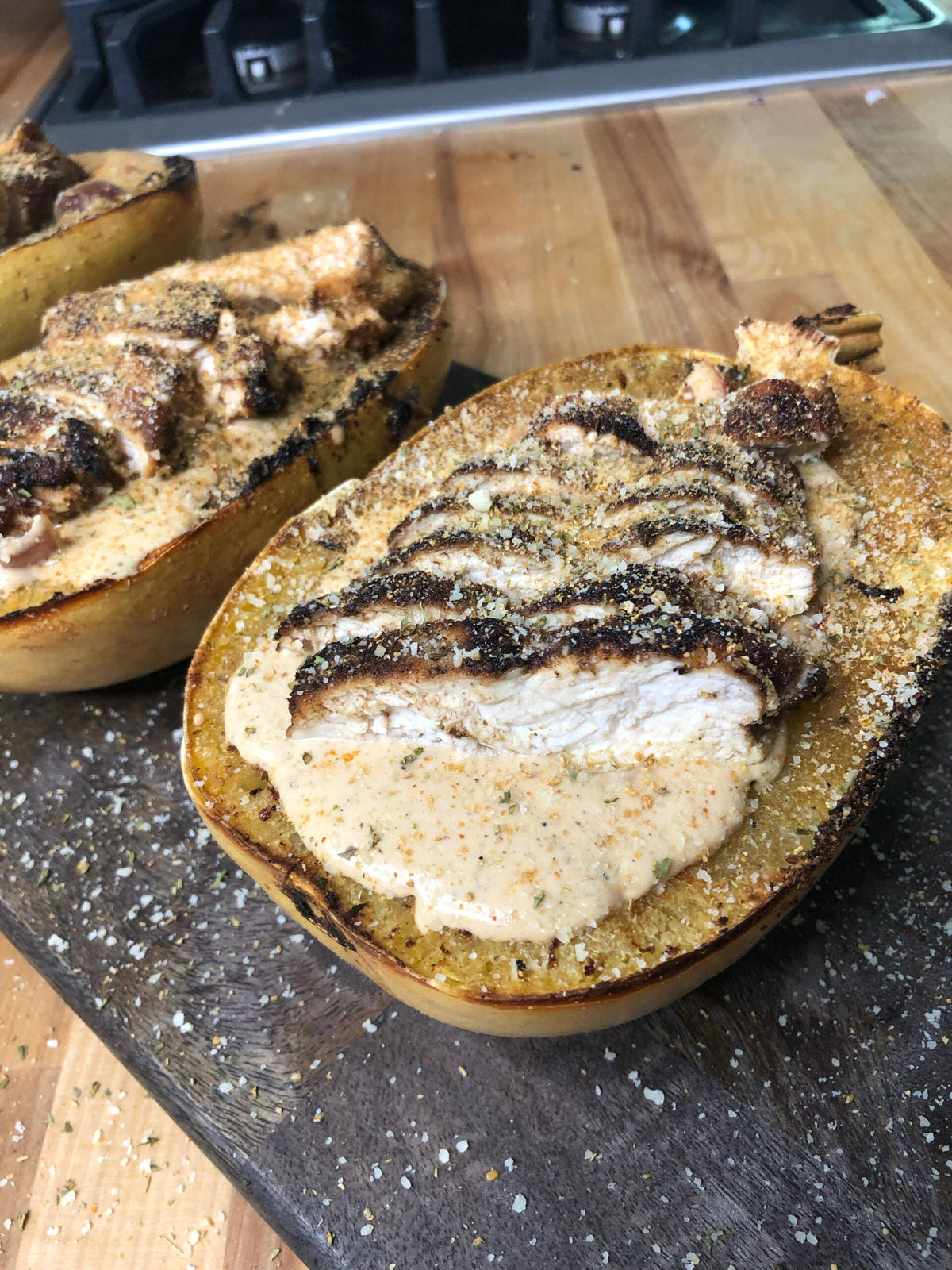Chicken Alfredo and Spaghetti Squash Boats
