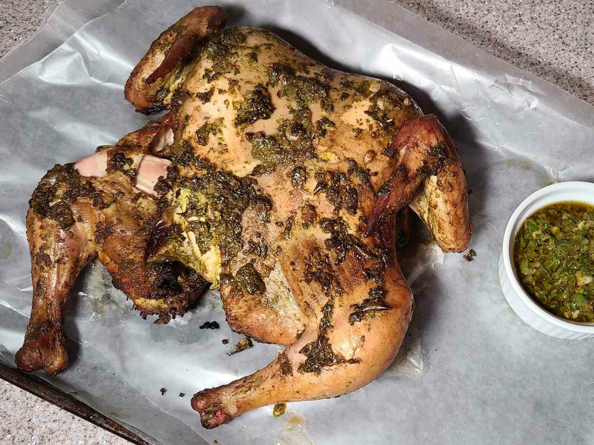 Spatchcocked Smoked Chimichurri Chicken