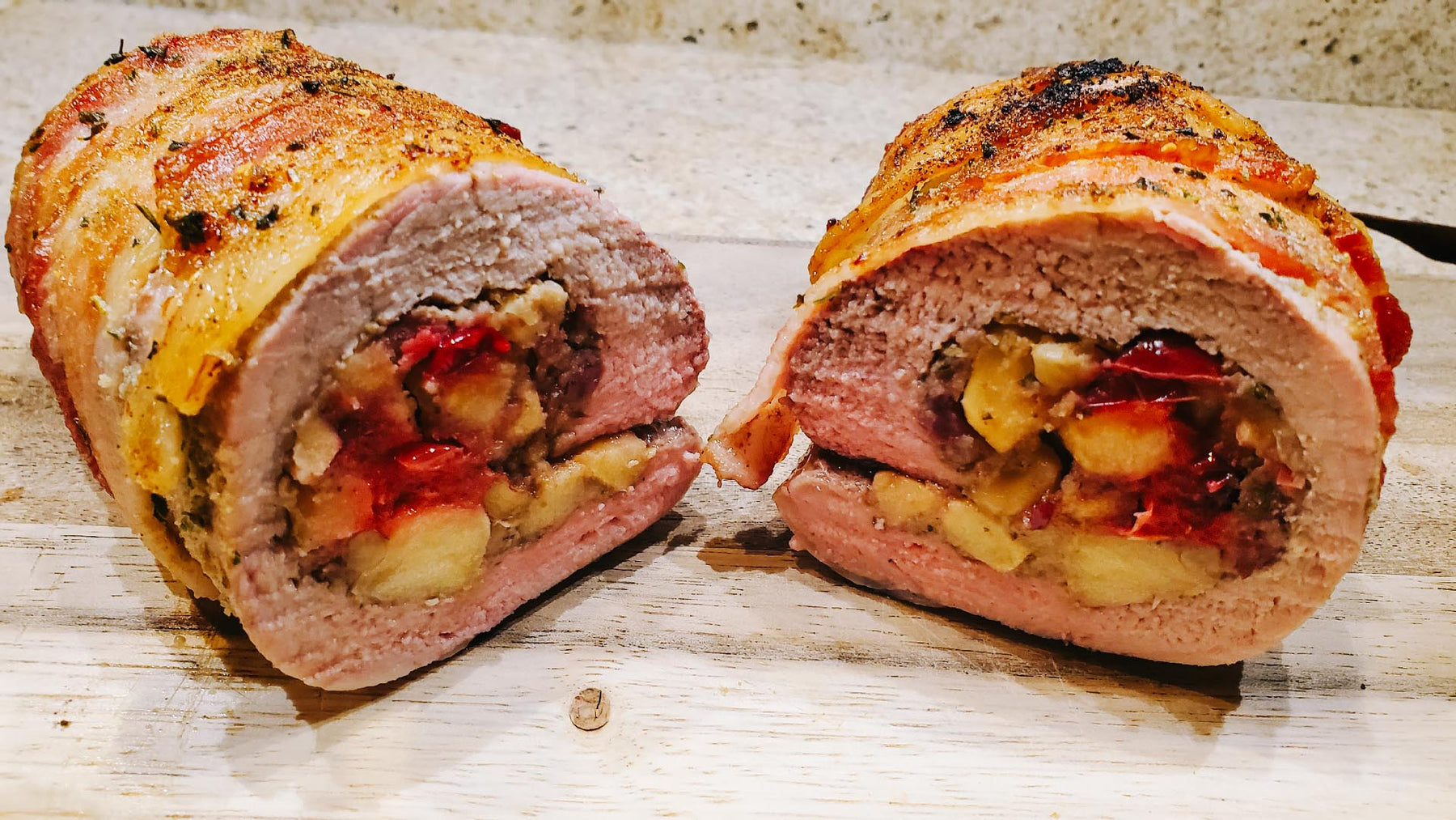 Cranberry Apple Walnut Bacon Stuffed Pork Tenderloins