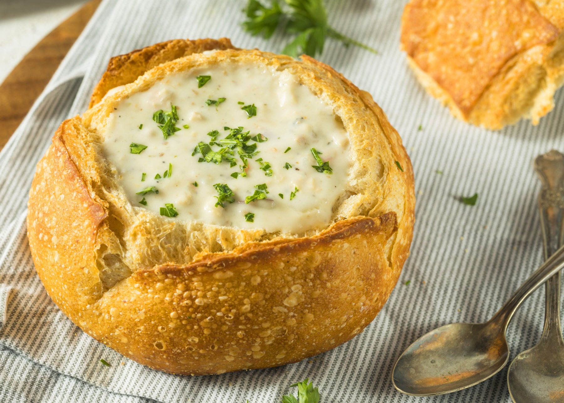 Onion and Potato Soup in a Sourdough Bread Bowl