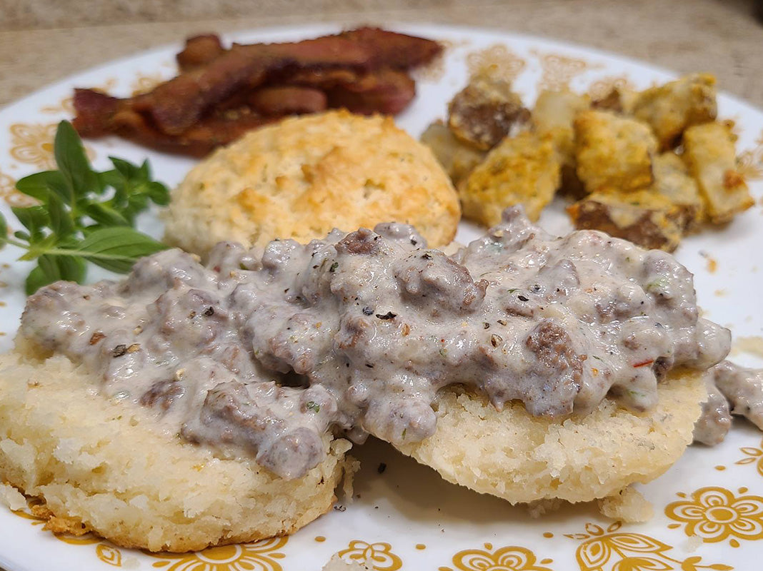 Venison and Pork Sausage Biscuits and Gravy