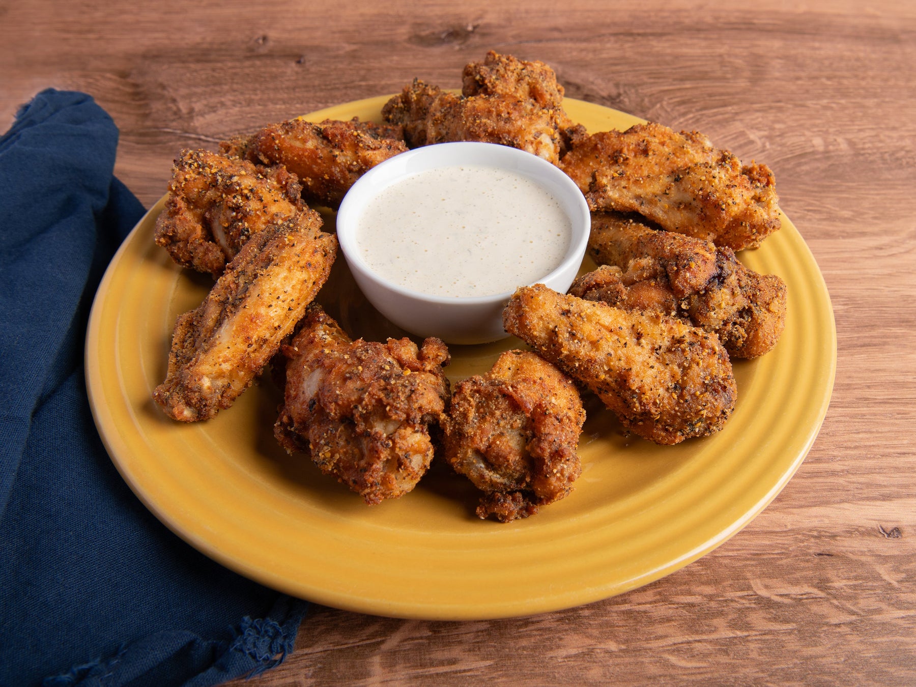 Crispy Fried Lemon Pepper Chicken Wings with Ranch Blue Cheese Dip