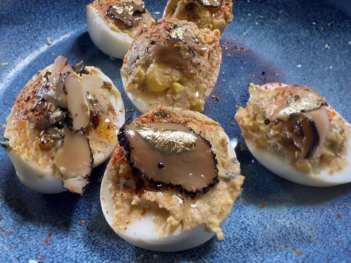 Deviled Eggs with Black Garlic and Black Truffles