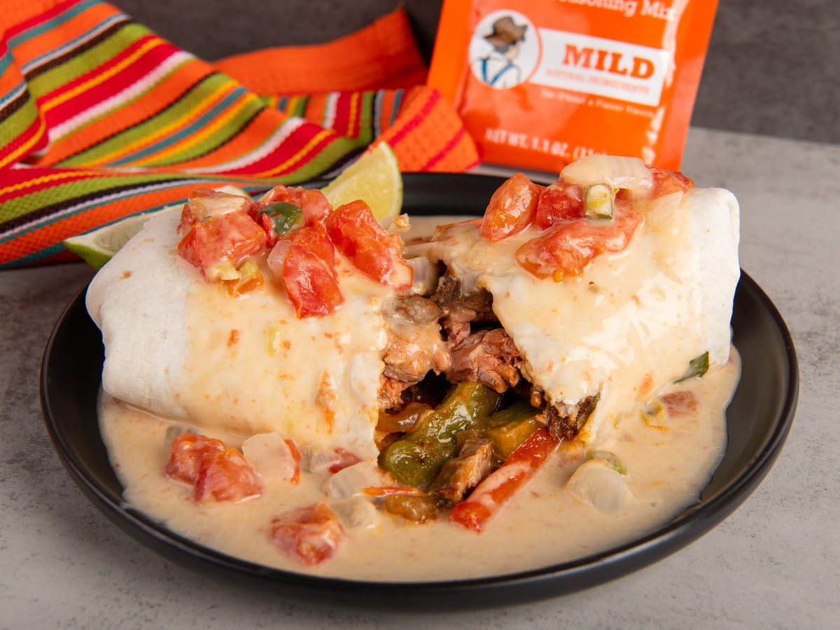 Queso-Covered Steak Burrito