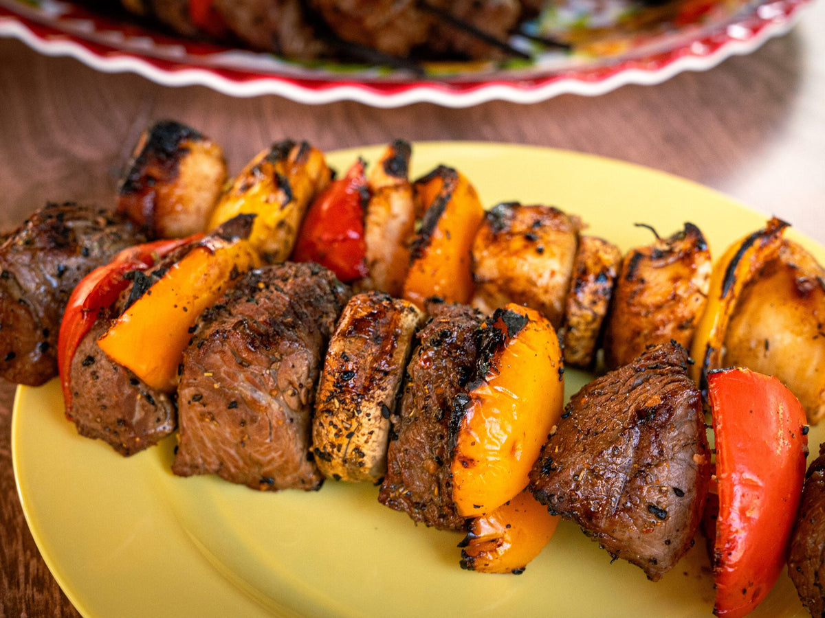 Grilled Chicken and Steak Kabobs with Vegetables