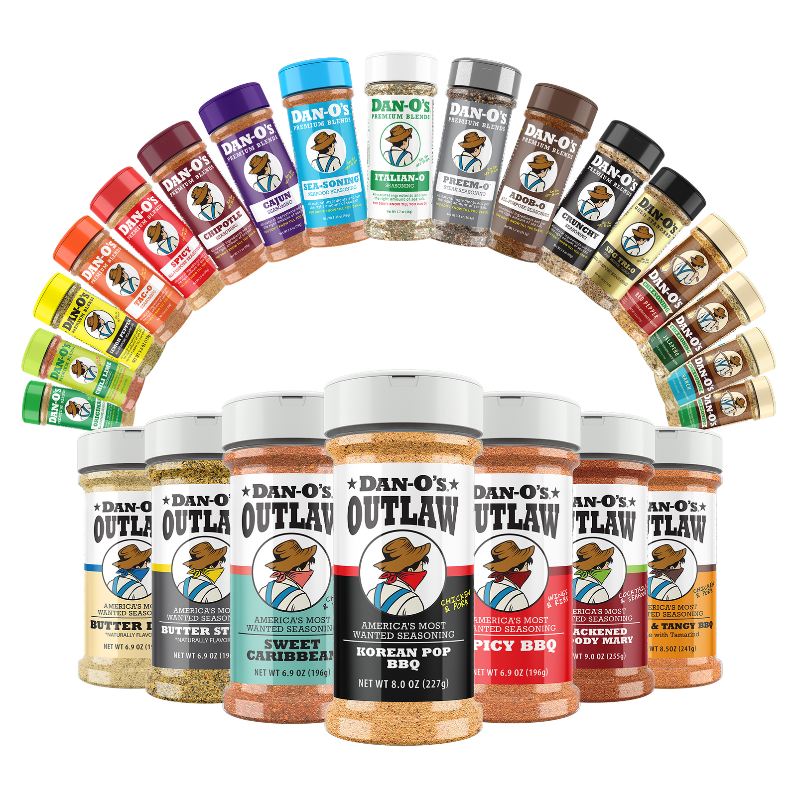 A group of Dan's Seasoning bottles arranged in a semi-circle and in a row below, showing multiple flavor options.
