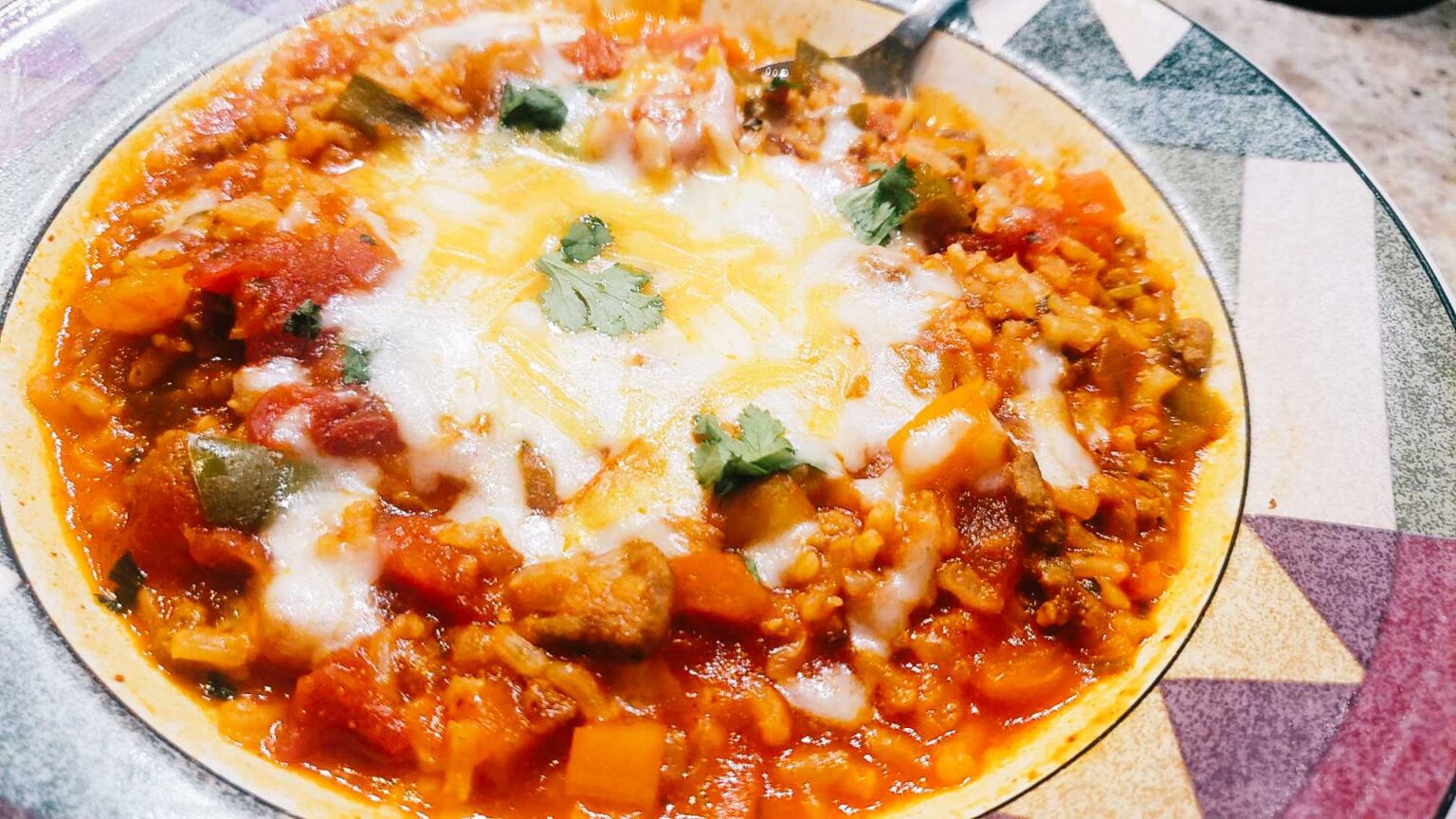 Stuffed pepper soup in a bowl, ready to eat