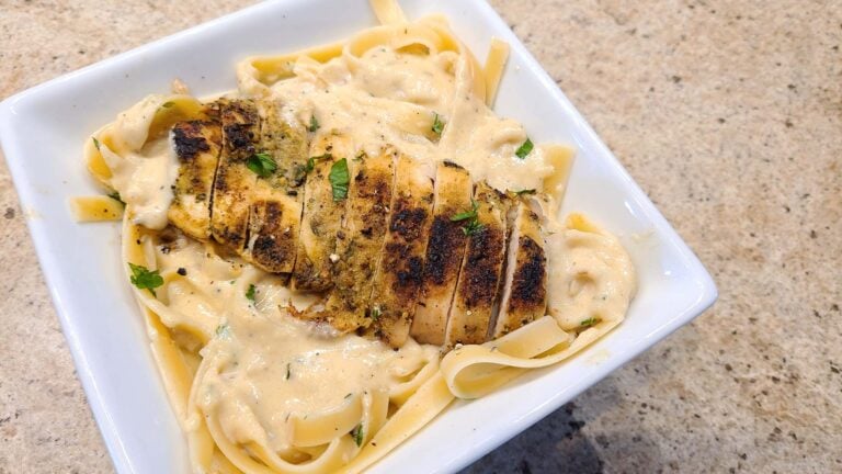 Homemade chicken alfredo in a bowl