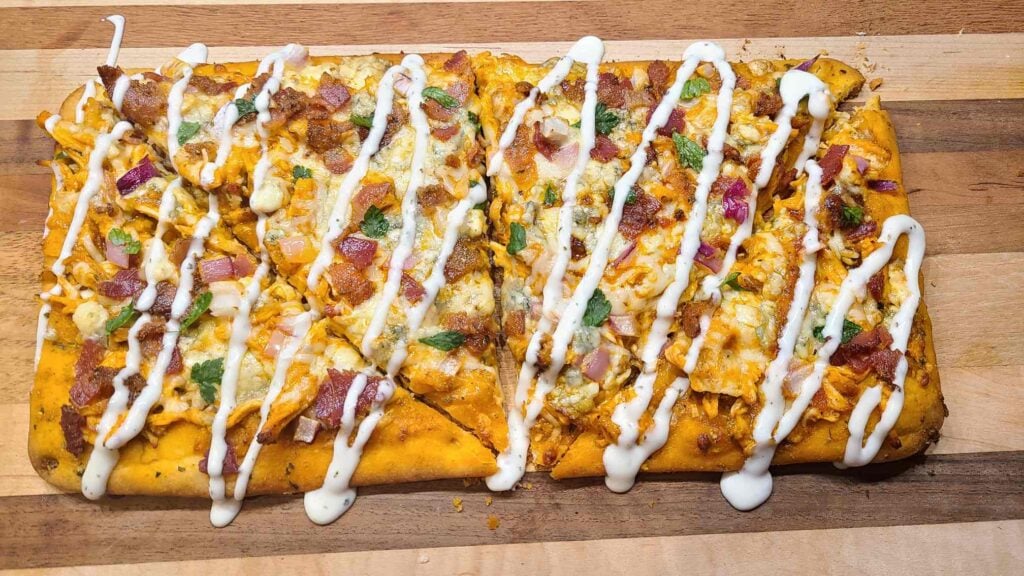 Buffalo Chicken Flatbread, sliced and ready to eat