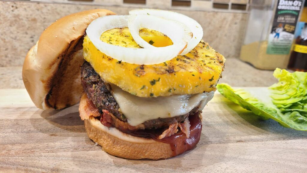 Picture of Hawaiian burger on cutting board