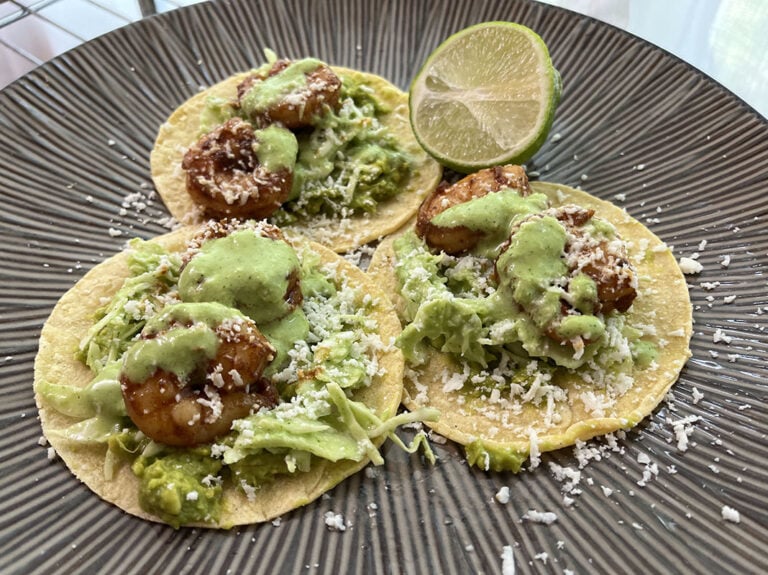 Spicy shrimp tacos with garlic cilantro lime slaw