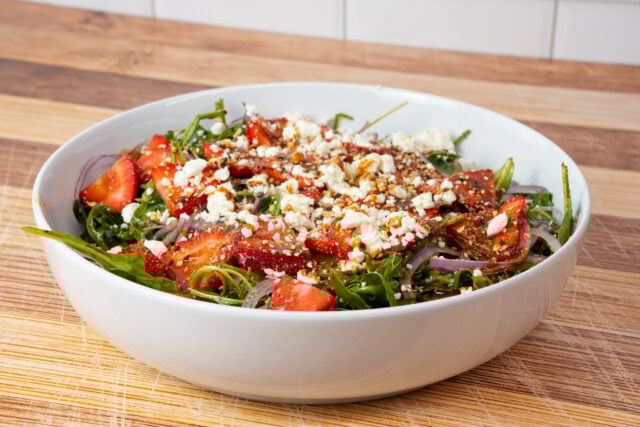 Spinach, Arugula, and Strawberry Salad with Chili Lime Vinaigrette
