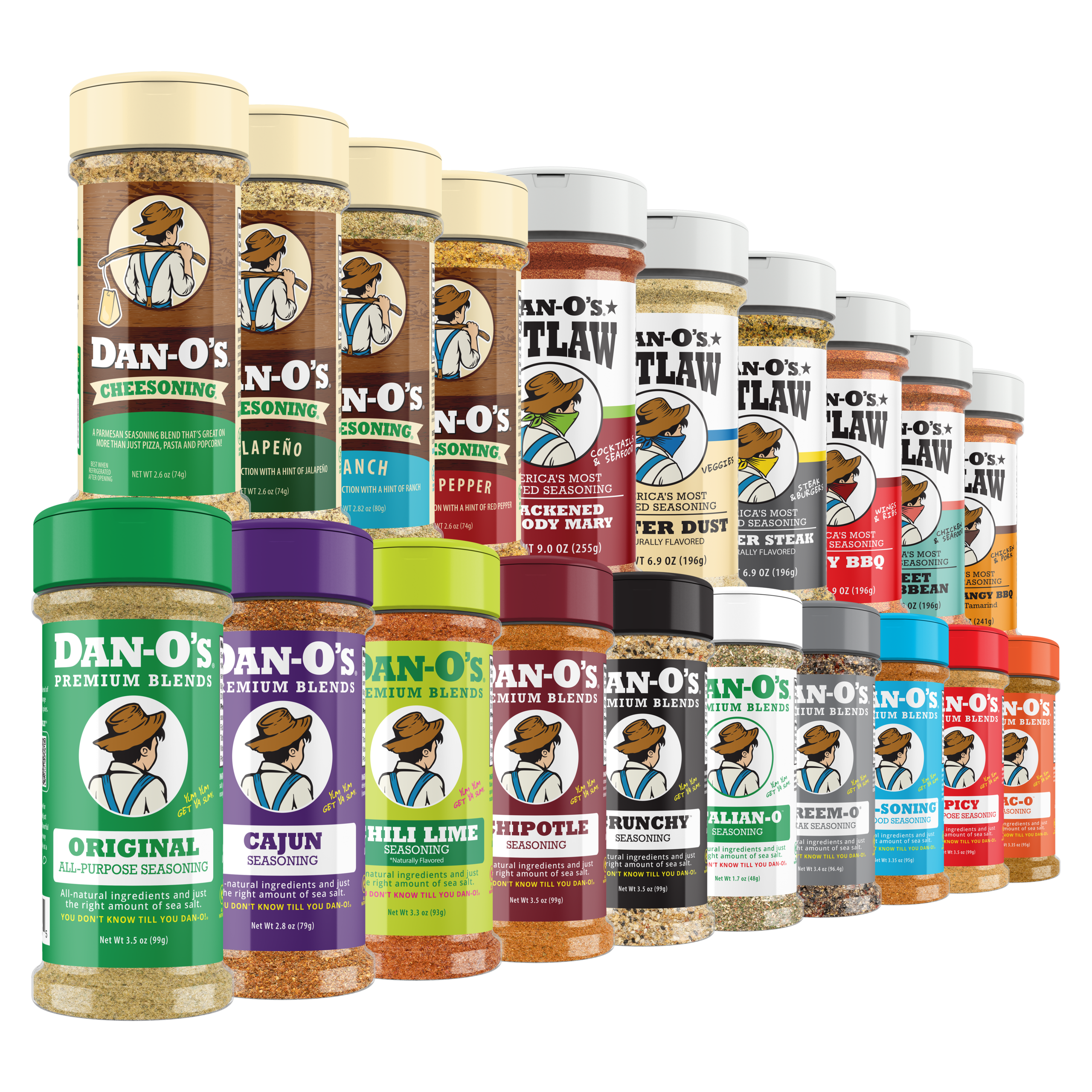 20 Bottle Combo - Original, Blackened Bloody Mary, Butter Dust, Butter Steak, Cajun, Cheesoning, Jalapeño Cheesoning, Ranch Cheesoning, Red Pepper Cheesoning, Chili Lime, Chipotle, Crunchy, Italian-O, Preem-O, SEA-soning, Sweet Caribbean, Sweet & Tangy BBQ Seasoning Made With Tamarind, Spicy, Spicy BBQ, & Tac-O